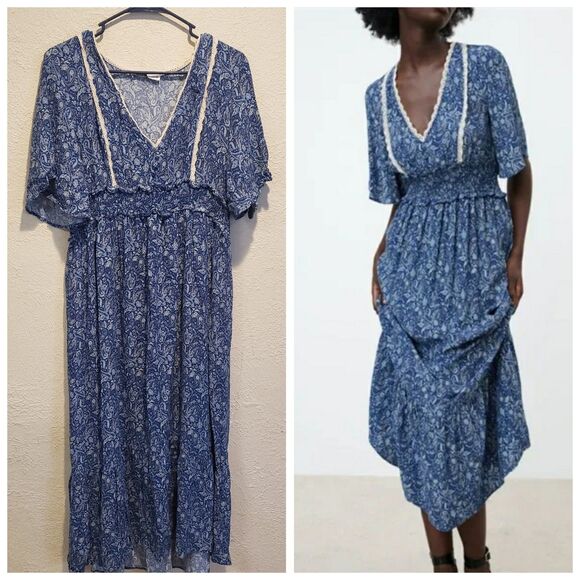 Zara Floral-Print Flutter-Sleeve Smocked-Waist Ruffled Midi Dress Size Large - Picture 1 of 5